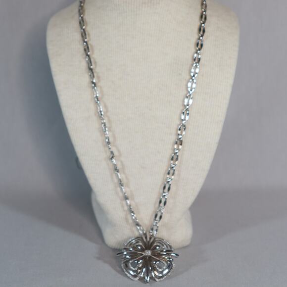 Monet 1960s  Atomic Starburst Pendant Necklace Rhodium Plated Oval Ornate Links - Picture 1 of 10